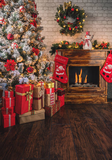 istock Decorated Christmas Tree Near Fireplace at Home 1275681209