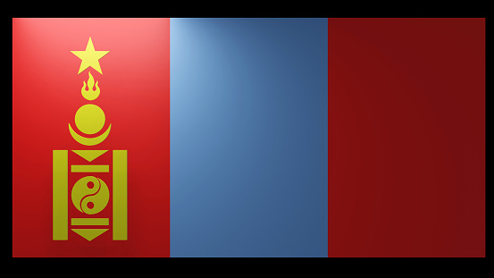 Mongolia flag and its 3D yellow symbol shadow with top light (3D Rendering)