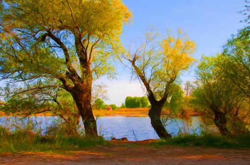 Landscape painting showing trees and river on a beautiful sunny day.
