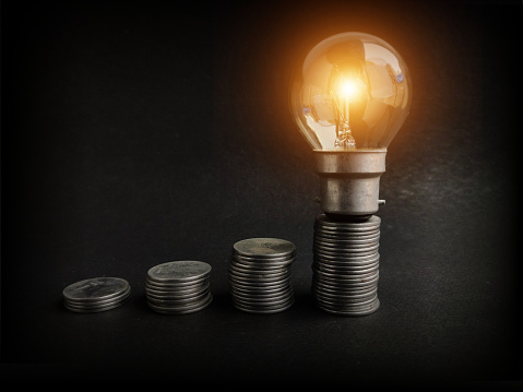 Coins stack increasing step by step ,Inspiration, Ideas, Light Bulb, Business, Coin, Market - Retail Space, Gold, Travel, White Color, Achievement, Bank - Financial Building, Banking, Bright, Business Strategy, Concepts, Concepts & Topics, Creativity, C- Saving concept,Light bulb concept