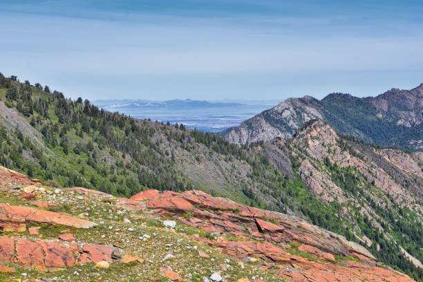 Lake Blanche forest and mountain landscape views from trail. Wasatch Front Rocky Mountains, Twin Peaks Wilderness,  Wasatch National Forest in Big Cottonwood Canyon in Salt Lake County Utah. United States.
