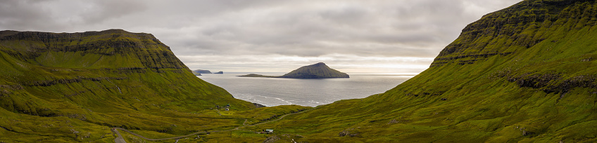 Faroe Islands Nordredal Valley - Norðradalur XXXL Stiched Drone Panorama towards the North Atlantic Ocean with Koltur island in the center, Nordredal Valley, Streymoy Island,, Faroe Islands, Kingdom of Denmark, Nordic Countries, Europe