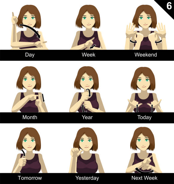 Manga Style Sign Language Set 6 Day Hand Language EPS10 File Format sign language class stock illustrations