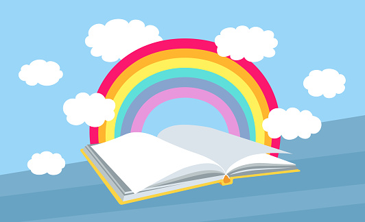 Open book with rainbow, clouds. Cartoon bookshelves library. Flat books collection. School interior study. Vector illustration on blue background