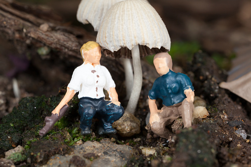 Miniature men resting below a mushroom