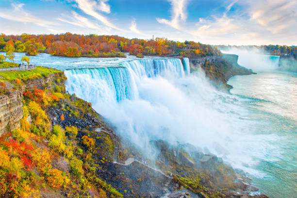 Niagara Falls Autumn Landscape Niagara Falls including American Falls in foreground and Horseshoe Falls in background, with autumn leaf colors state park stock pictures, royalty-free photos & images
