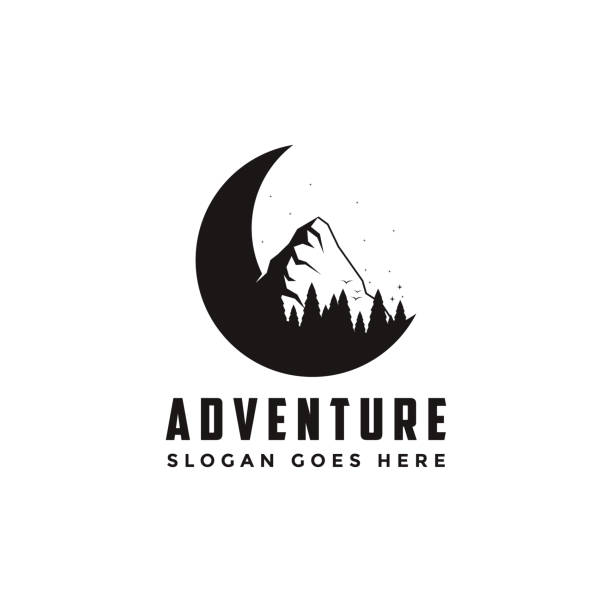 Outdoor adventure travel badge vector with crescent, mountain and pine trees vector illustrations template Outdoor adventure travel badge vector with crescent, mountain and pine trees vector illustrations template moon silhouettes stock illustrations