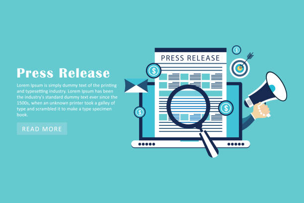 Public relations make press releases through company blogs india,usa, Press Release, Adult, Advertisement, Article, Business hand holding microphone icon stock illustrations
