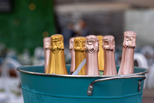 Champagne housed in bucket filled with ice