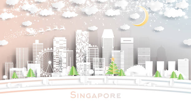 雪片、月とネオンガーランドと紙カットスタイルのシンガポールシティスカイライン。 - singapore点のイラスト素材／クリップアート素材／マンガ素材／アイコン素材