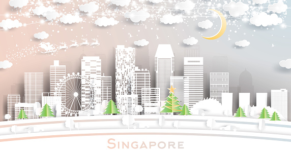 Singapore City Skyline in Paper Cut Style with Snowflakes, Moon and Neon Garland.