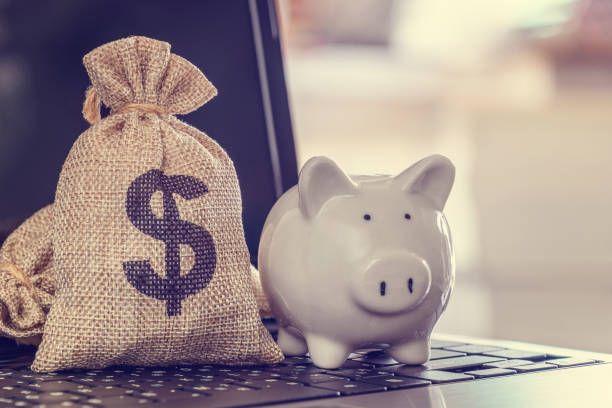 Piggy bank, dollar bag on a laptop stock photo