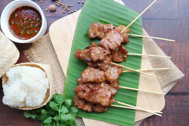 Famous street food in Thailand eat with sticky rice and spicy dipping sauce