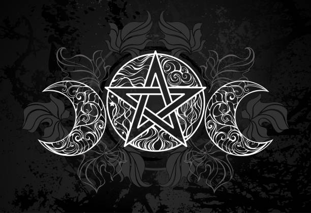 White pentagram with leaves White, patterned, contour pentagram with crescents on black textured background with dark fallen leaves. Wiccan symbol. pentagram stock illustrations