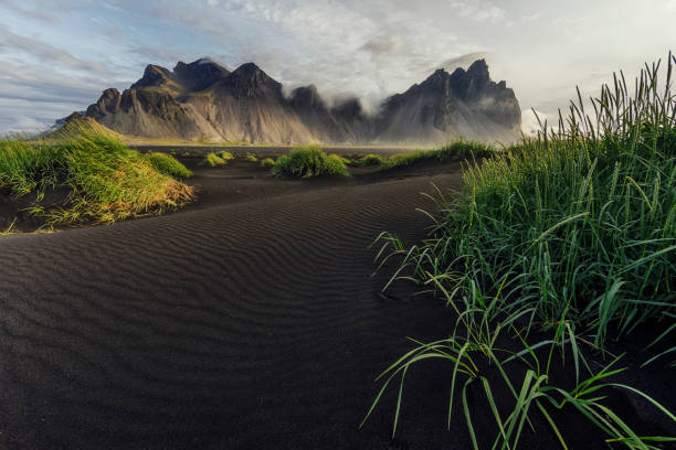Sunrise on Vestrahorn Mountain, Iceland Vestrahorn, on the Stokksnes peninsula in Iceland, has dramatic peaks reaching up to 454 meters. black sand stock pictures, royalty-free photos & images