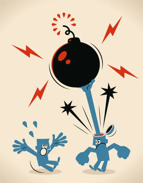 Vector illustration of Angry man's head opens and a hand pops out and gives an exploding bomb to a scared man