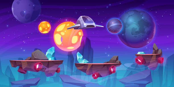 фон уровня космической игры с платформами - alien world stock illustrations