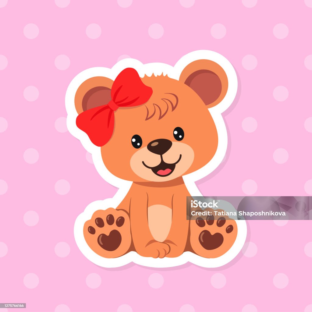 Cute Teddy Bear Girl Sticker On Pink Background Stock Illustration ...