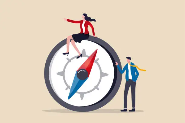 Vector illustration of Women leadership, successful female lead business direction or lady visionary to achieve goals concept, confidence smart lady businesswoman team leader in formalwear sitting on compass leading the way