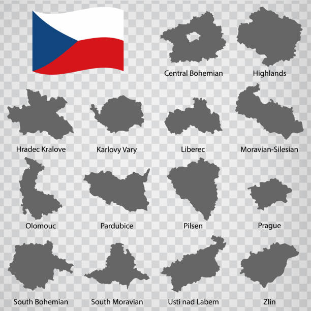 четырнадцать карт регионов чешской республики - алфавитный порядок с именем. каждая карта провинции перечислена и изолирована с формулиро� - czech republic czech flag flag national flag stock illustrations