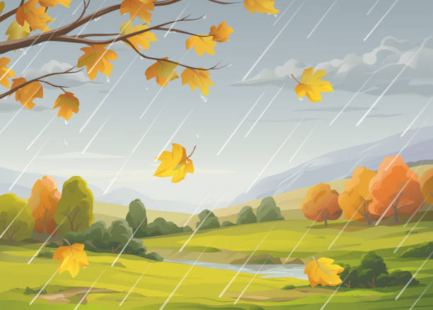 Rainy Autumn Landscape Vector illustration of a rainy autumn landscape with falling leaves in the foreground, bushes, hills, mountains, a stream, green meadows and a gray cloudy sky in the background. Art on layers and can be easily edited. rain stock illustrations