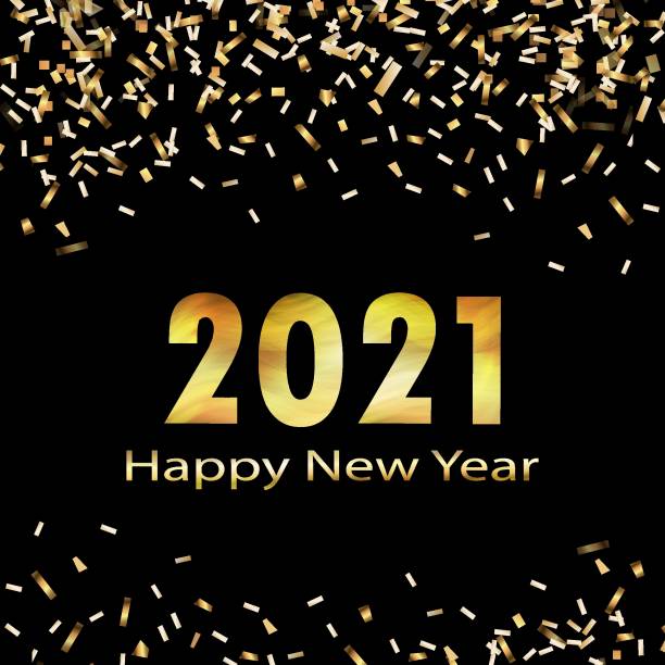 istock 2021 Happy new year. Poster, card, banner, background design. Vector design. Symbol, sign. Merry christmas card. Festive christmas background. Christmas and new year celebration, decoration, shimmering, shiny confetti on a black background. 1275772194