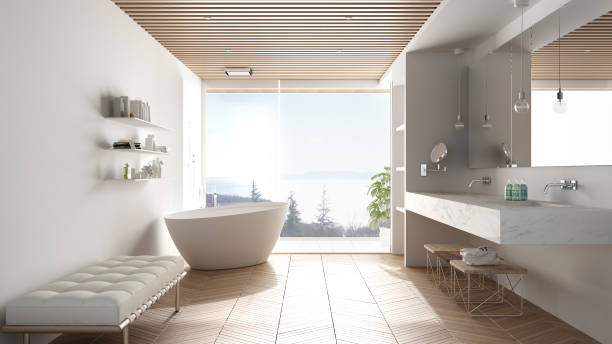 istock Luxury modern white bathroom with parquet floor and wooden celiling, big panoramic window on sea panorama, bathtub, shower and double sink, interior design, minimal architecture 1275772493