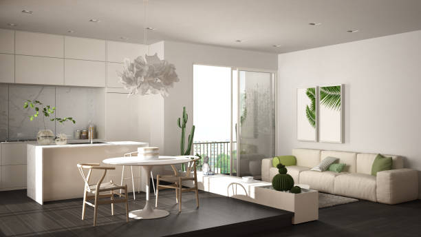 istock Eco green interior design, white and gray living room with sofa, kitchen, dining table, succulent potted plants, parquet floor, window on panoramic balcony. Sustainable architecture 1275772516