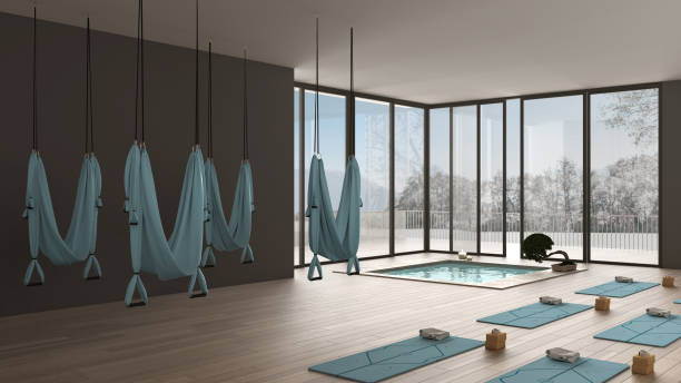 istock Empty yoga studio interior design, minimal open space with mats, hammocks and accessories, spa pool, bonsai, ready for yoga practice, panoramic window with winter panorama 1275772524