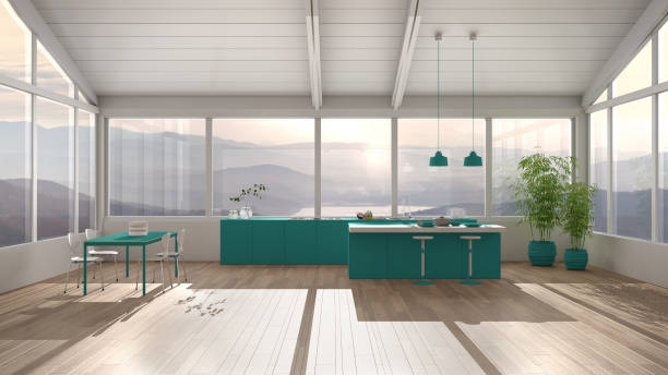 istock Modern minimalist turquoise colored kitchen with island and dining table with chairs, parquet, wooden roof and big panoramic windows with mountain view, interior design concept idea 1275773039