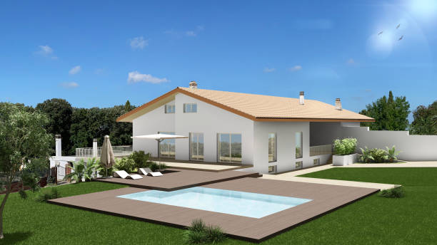 istock Modern exterior design, mediterranean white villa with pool and garden, trees and plants 1275773042