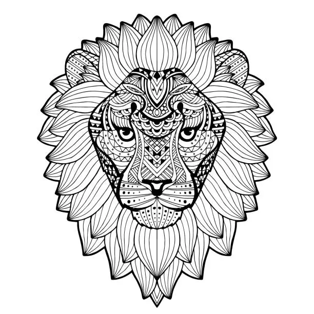 Vector illustration of Lion. Sketchy, graphical portrait of a lion's head on a white background. Vector Black and White King Lion Illustration
