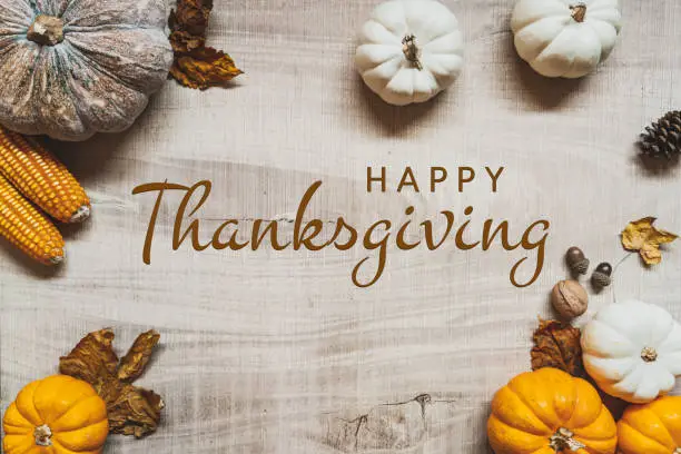 Photo of Happy Thanksgiving Day with pumpkin and nut on wooden table