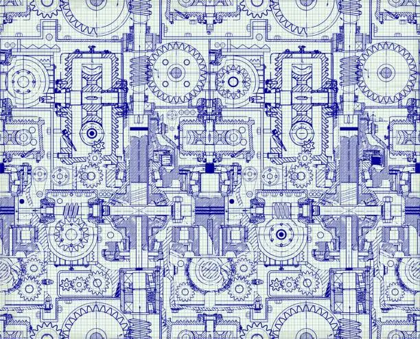 Vector illustration of Seamless technical pattern, a background of worm gears and other gears combined into a fantastic machinery. Vintage Graph Paper