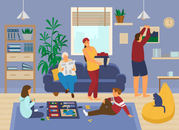 семья дома - newspaper reading mother women stock illustrations