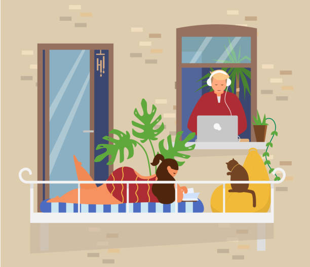 ilustrações, clipart, desenhos animados e ícones de casal na varanda - domestic cat indoors domestic life image