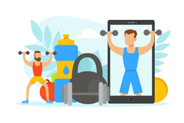 istock Tiny Man Doing Physical Exercises with Dumbbells with Online Coach, Healthy Lifestyle Concept Vector Illustration 1275780859