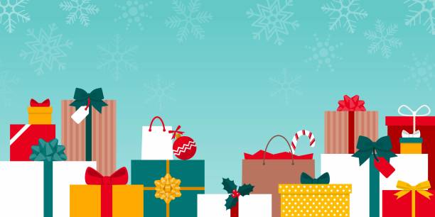 bunte weihnachtsgeschenke unter dem schnee - weihnachtsgeschenke stock-grafiken, -clipart, -cartoons und -symbole