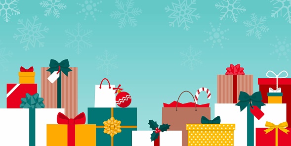 Many colorful Christmas gifts under the snow: holidays and christmas shopping concept