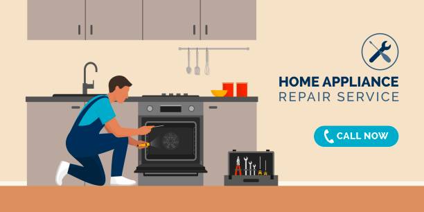 Repairman fixing appliances at home Expert repairman fixing a broken oven in a kitchen, home appliance repair service concept appliance repair stock illustrations