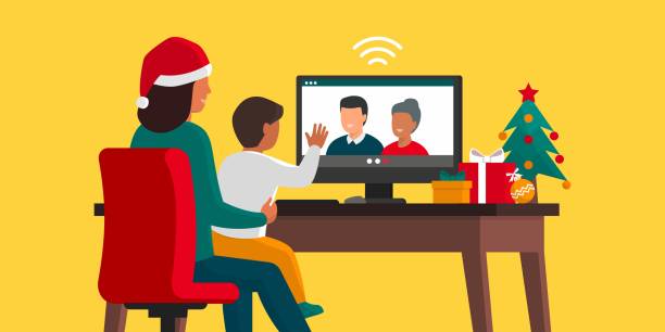 Family videocalling at Christmas Family videocalling at Christmas: a mother is holding her son and video calling grandparents family internet stock illustrations