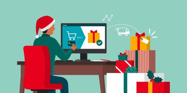 Man ordering Christmas gifts online Man ordering Christmas gifts online using a credit card and load of colorful gift boxes delivered next to his desk holiday shopping stock illustrations