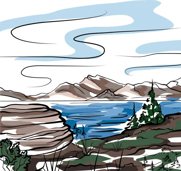 Vector illustration of Nature color sketch of a lake, mountains, stone and firs. Tranquil peaceful wild landscape. Vector colorful ink scribble element