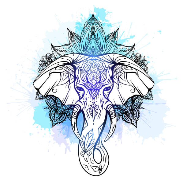 istock Contoured native elephant head with trunk, tusks and boho ornaments on blue watercolor splashes. Ganesha head with mandala. Vector silhouette 1275782052