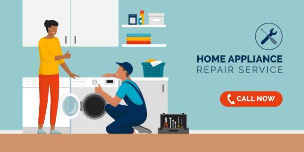 Repairman fixing appliances at home and happy customer Expert repairman fixing a washing machine at home and happy customer smiling, home appliance repair service concept appliance repair stock illustrations