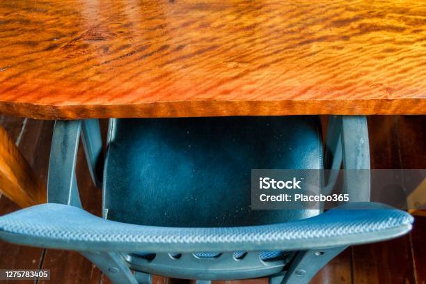 Wood Desk Table With Chair And Copy Space Top View Stock Photo - Download Image Now - Above, Abstract, Backgrounds