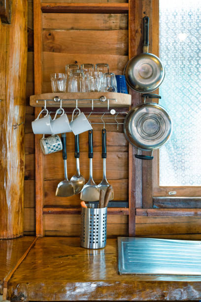 istock Wooden log cabin interior kitchen sink and utensils 1275783472
