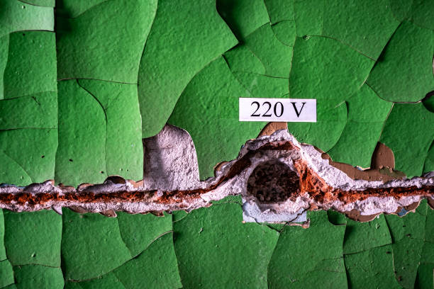 istock Old damaged green wall with wiring sign 1275783500