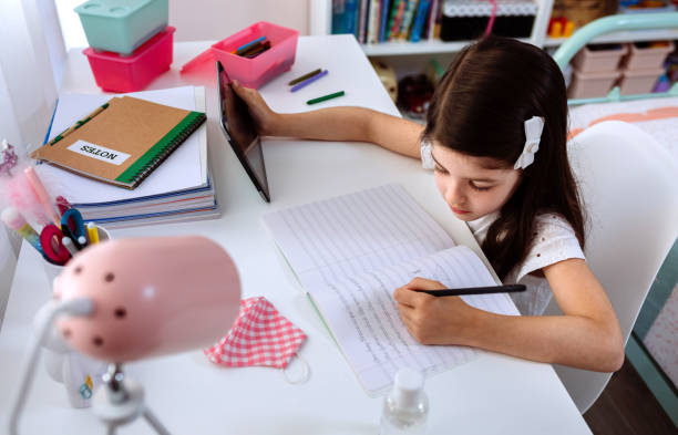 istock Girl studying at home with tablet and mask on table 1275784043
