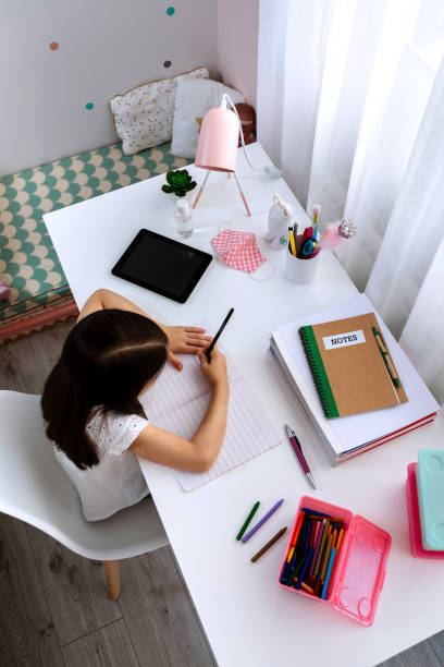 istock Girl studying at home with tablet and mask on table 1275784058